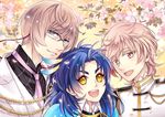  blonde_hair blue_eyes blue_hair cherry_blossoms feathers glasses hair_feathers kikkou_sadamune male_focus monoyoshi_sadamune multiple_boys necktie omi_(0mim0) open_mouth petals smile taikogane_sadamune touken_ranbu upper_body yellow_eyes 