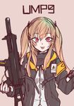  blonde_hair girls_frontline gun long_hair looking_at_viewer mogijabgo red_eyes solo submachine_gun tongue tongue_out twintails ump9_(girls_frontline) weapon 