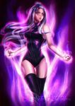  alexandra_mae aura banned_artist blue_eyes chromatic_aberration clenched_hands fairy_tail hair_tie leotard long_hair mirajane_strauss purple_hair solo thighhighs watermark web_address 