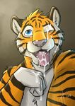  2016 anthro black_fur blue_eyes cum cum_on_face feline fur hufnaar male mammal pink_nose portrait simple_background smile solo stripes tiger tongue white_fur yellow_fur 