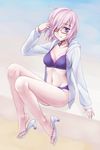  absurdres bikini breasts fate/grand_order fate_(series) glasses hair_over_one_eye highres hotate jacket mash_kyrielight medium_breasts midriff navel open_toe_shoes pink_hair purple_eyes shoes short_hair sitting solo swimsuit 