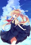  1girl air blonde_hair blue_eyes female hizaka kamio_misuzu long_hair ponytail ribbon school_uniform sky smile solo 