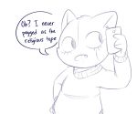  animal_crossing anthro cellphone clothed clothing domestic_cat english_text felid feline felis female mammal monochrome nintendo open_mouth phone purrl_(animal_crossing) solo speech_bubble sweater text unboxyguy video_games 