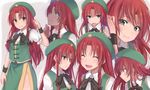  asa_(coco) blush bow braid chinese_clothes closed_eyes expressions green_eyes hair_intakes hat hong_meiling long_hair multiple_views red_hair side_slit skirt skirt_set smile star touhou twin_braids wrist_cuffs 