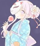  alternate_hairstyle candy_apple flower food fox_mask hair_bun hair_flower hair_ornament hata_no_kokoro highres japanese_clothes kimono long_hair mask mugicha_(mugicha0929) pink_eyes pink_hair plaid purple_background sketch solo tongue tongue_out touhou wide_sleeves yukata 