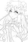  bow greyscale hair_ribbon hands_on_own_chest hat hat_ribbon interlocked_fingers lineart long_hair mamepon monochrome patchouli_knowledge ribbon simple_background solo touhou 