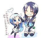  ^_^ black_legwear blue_eyes blue_hair blush chibi closed_eyes commentary elbow_gloves flying_sweatdrops gloves gradient_hair grin hair_ribbon hand_on_another's_head jako_(jakoo21) kantai_collection long_hair low_twintails multicolored_hair multiple_girls open_mouth ribbon samidare_(kantai_collection) school_uniform serafuku shirt skirt sleeveless sleeveless_shirt smile suzukaze_(kantai_collection) thighhighs translated twintails white_skirt younger zettai_ryouiki 