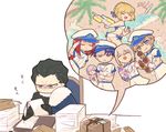  5boys agravain_(fate/grand_order) alternate_costume artoria_pendragon_(all) artoria_pendragon_(swimsuit_archer) bedivere bikini fate/extra fate/grand_order fate_(series) food fountain_pen gawain_(fate/extra) kebab knights_of_marines knights_of_the_round_table_(fate) kty_(04) lancelot_(fate/grand_order) mash_kyrielight military military_uniform mordred_(fate)_(all) mordred_(swimsuit_rider)_(fate) multiple_boys multiple_girls palm_tree paper pen photo_(object) saber shaved_ice swimsuit tree tristan_(fate/grand_order) uniform writing 