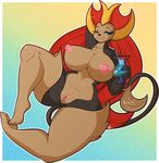  areola beverage big_breasts blue_eyes breasts brown_fur fur glass huge_breasts nintendo nipples pink_nipples pok&eacute;mon pussy pyroar pyroar_(f) smile tehbuttercookie tongue tongue_out video_games wide_hips 