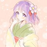  blush camellia eyebrows eyebrows_visible_through_hair flower hair_flower hair_ornament hand_to_own_mouth hieda_no_akyuu highres japanese_clothes kimono mugicha_(mugicha0929) obi purple_eyes purple_hair sash sketch solo touhou wide_sleeves 