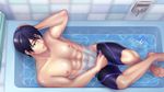  1boy abs barefoot bathroom black_hair blue_eyes free free! looking_at_viewer male_focus muscle pecs solo topless water 