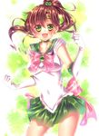  1girl :d absurdres bishoujo_senshi_sailor_moon breasts brown_hair earrings elbow_gloves green_eyes hair_bobbles kino_makoto looking_at_viewer medium_breasts navel open_mouth ponytail ribbon sailor_jupiter school_uniform serafuku short_hair skirt smile two-tone_background 