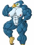  abs anthro areola avian beak behold_my_girth big_blue_(character) blue_feathers breasts clitoris feathers feet female flexing green_eyes hi_res hyper hyper_muscles muscular muscular_female nipples pose pussy simple_background smile solo starbound talons thick_thighs video_games white_background wide_hips 