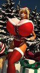  2015 3d_(artwork) annabelle_cow anthro anthroanim big_breasts blonde_hair bovine breasts cattle christmas clothed clothing detailed_background digital_media_(artwork) female fur gift hair hat holidays horn huge_breasts legwear looking_at_viewer mammal open_mouth outside santa_hat smile snow solo standing tree 
