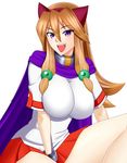  1girl animal_ears aq_interactive arcana_heart arcana_heart_2 artist_request bracelet breasts brown_hair cape dog_ears examu fang hair_ornament inuwaka_akane large_breasts long_hair looking_at_viewer open_mouth purple_eyes scarf school_uniform skirt smile 