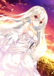  bare_shoulders book braid breasts cleavage cloud cloudy_sky crown_braid dress gloves holding holding_book long_hair looking_at_viewer medium_breasts original outdoors outstretched_arm p19 reaching red_eyes silver_hair sky smile solo twilight white_dress white_gloves wind 