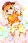  animal_ears blonde_hair blush breasts bunny_ears chikuwa_savi crop_top flat_cap floppy_ears hat looking_at_viewer lying medium_breasts midriff on_back open_mouth orange_shirt red_eyes ringo_(touhou) shirt short_hair short_shorts shorts smile solo striped striped_shorts touhou 