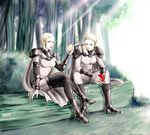  apple armor blonde_hair blue_eyes bodysuit boots bush cape claymore crossed_legs deneve food forest fruit helen_(claymore) highres multiple_girls nature open_mouth pauldrons short_hair sitting sitting_on_object tazan 