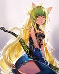  animal_ears ass atalanta_(fate) blonde_hair blue_legwear bow_(weapon) breasts cat_ears cat_tail fate/apocrypha fate/grand_order fate_(series) green_eyes green_hair holding holding_weapon kamiya_miwo long_hair looking_at_viewer medium_breasts multicolored_hair parted_lips pleated_skirt sitting skirt sleeveless solo tail thighhighs two-tone_hair weapon 