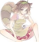  animal_ears brown_eyes brown_hair cropped_legs dress futatsuiwa_mamizou glasses gourd green_dress highres index_finger_raised leaf leaf_on_head looking_at_viewer mugicha_(mugicha0929) raccoon_ears raccoon_tail short_sleeves simple_background sitting sketch smile solo tail touhou white_background 
