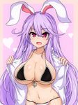  :d alternate_costume animal_ears bikini bikini_under_clothes black_bikini breasts bunny_ears collarbone flashing front-tie_top groin hair_between_eyes halter_top halterneck heart heart_background highres large_breasts long_hair looking_at_viewer open_clothes open_mouth pink_background purple_hair red_eyes reisen_udongein_inaba skindentation smile solo sprout_(33510539) swimsuit touhou 