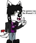 arctic_fox black_shoes bloodknight bloodknight324 canid canine clothing dialogue fangs fluffy fox fur green_eyes hair hand_gesture hoodie long_hair mammal meme mischievious open_mouth purple_shirt scarf sweatpants tongue 
