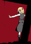  back blonde_hair cross flat_color hair_ribbon horror_(theme) looking_at_viewer looking_back open_mouth outstretched_arms red_eyes ribbon rumia solo tama_go touhou 