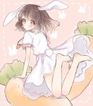  animal_ears barefoot brown_hair bunny_ears bunny_tail carrot feet frills highres inaba_tewi jewelry legs_up looking_at_viewer looking_back mugicha_(mugicha0929) pendant puffy_sleeves red_eyes short_hair sketch solo tail touhou 