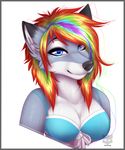  2016 anthro bikini blue_eyes bra breasts canine clothed clothing colored_hair cutiepaw detailed female fur headshot hecatesaur hi_res looking_at_viewer mammal rainbow simple_background smile solo swimsuit underwear white_background wolf 