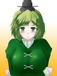 :&lt; breasts closed_mouth crossed_arms eyebrows eyebrows_visible_through_hair gradient gradient_background green_eyes green_hair hat large_breasts short_hair soga_no_tojiko solo tama_go tate_eboshi touhou 