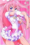  blue_eyes bow brooch cosplay cure_melody cure_rhythm cure_rhythm_(cosplay) frilled_skirt frills highres houjou_hibiki jewelry long_hair looking_at_viewer outstretched_hand pink_background pink_bow pink_hair precure ryuuta_(cure_ryuuta) shiny shiny_skin skirt smile solo suite_precure white_skirt wrist_cuffs 