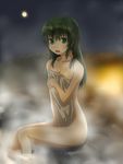  between_legs breasts cleavage collarbone covering eyebrows eyebrows_visible_through_hair green_eyes green_hair hair_over_shoulder hand_between_legs long_hair looking_at_viewer midorikawa_nao moon night nude nude_cover onsen open_mouth outdoors precure ryuusama sitting small_breasts smile_precure! solo steam towel wet wet_hair 