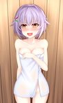  :d blush breasts brown_eyes cleavage covering covering_breasts cowboy_shot fang hair_flaps hair_ornament hairclip healther highres idolmaster idolmaster_cinderella_girls koshimizu_sachiko looking_away medium_breasts naked_towel open_mouth purple_hair short_hair smile solo sweatdrop towel wooden_wall 