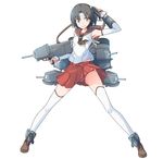  aircraft_catapult baseu black_hair buruma cannon detached_sleeves full_body headband highres kantai_collection nagara_(kantai_collection) pleated_skirt school_uniform serafuku shoes short_hair side_ponytail skirt smile solo thighhighs turret white_legwear 