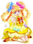  :d asahina_mirai blonde_hair bloomers bow braid candy_hair_ornament cure_miracle double_bun earrings food_themed_hair_ornament full_body hair_ornament hair_rings hat highres jewelry kneehighs kneeling long_hair looking_at_viewer mahou_girls_precure! mini_hat mini_witch_hat nii_manabu open_mouth outstretched_hand pink_hat precure purple_eyes red_bow shoes skirt smile solo topaz_style underwear white_legwear witch_hat yellow_skirt 