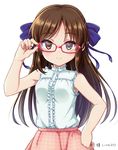  adjusting_eyewear animated animated_gif bespectacled blush bow brown_eyes brown_hair glasses hair_bow half_updo idolmaster idolmaster_cinderella_girls long_hair open_mouth rariemonn red-framed_eyewear shirt simple_background sleeveless sleeveless_shirt smile solo tachibana_arisu 