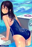  ass bent_over black_hair brown_eyes competition_school_swimsuit goggles goggles_removed long_hair new_school_swimsuit one-piece_swimsuit original pool rokuhara_(10687811) school_swimsuit smile solo swimsuit water wet 