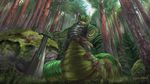  4_fingers absurd_res anthro armor day forest grass green_scales hi_res holding_object holding_weapon looking_at_viewer male melee_weapon moss outside reptile scales scalie snake solo sword themefinland tongue tree weapon yellow_eyes 