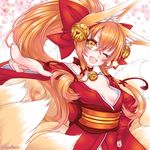  ;d animal_ears bad_perspective bell bell_choker blurry blush bow breasts cherry_blossoms choker commentary_request depth_of_field eyelashes eyeliner foreshortening fox_ears fox_girl fox_tail hair_bell hair_bow hair_ornament hair_ribbon hand_on_hip head_tilt japanese_clothes jingle_bell kimono kitsune kyuubi long_hair long_sleeves looking_at_viewer makeup multiple_tails no_bra obi one_eye_closed open_mouth orange_hair original petals pointing ponytail red_bow red_kimono red_ribbon ribbon sash sidelocks small_breasts smile solo star suzuneko_(yume_no_kyoukai) tail tress_ribbon twitter_username upper_body wide_sleeves 