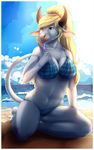  2015 anthro beach bikini blonde_hair blue_eyes bovine breasts cattle clothing cloud day ear_piercing female food hair horn licking lucinda_bullworth_jackson ludwig_bullworth_jackson_(copyright) mammal omesore piercing popsicle sand sea seaside solo sweat swimsuit tongue tongue_out water 