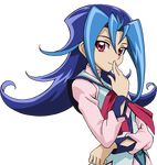  1girl blue_hair hajime_shindo kamishiro_rio long_hair looking_at_viewer official_art red_eyes school_uniform smile uniform yu-gi-oh! yuu-gi-ou_zexal 