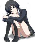  amagami black_eyes black_hair black_legwear black_skirt head_tilt highres kneehighs leg_hug looking_at_viewer nanasaki_ai panties pantyshot pantyshot_(sitting) pleated_skirt ryuusama short_hair sitting skirt smile solo striped striped_panties underwear white_panties 