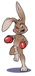  action_pose animal_genitalia anthro athletic balls boxing_gloves buckteeth front_view fully_sheathed green_eyes grin jerseydevil lagomorph looking_at_viewer male mammal mostly_nude navel nipples on_one_leg one_eye_closed open_mouth pecs punching rabbit sheath solo standing teeth wink 