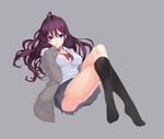  ahoge black_legwear blue_eyes blush brown_hair crossed_legs dress_shirt ichinose_shiki idolmaster idolmaster_cinderella_girls jacket kirisato_itsuki kneehighs long_hair looking_at_viewer no_shoes school_uniform shirt simple_background sitting skirt smile solo white_shirt 