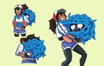  backpack bag baseball_cap brown_hair carrying choker dark_skin female_protagonist_(pokemon_go) fingerless_gloves gen_1_pokemon gloves green_background hands_on_hips hat holding holding_poke_ball long_hair pantyhose pantyhose_under_shorts poke_ball pokemon pokemon_(creature) pokemon_go ponytail shorts simple_background tangela tears trembling uzura3026 