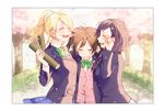  ayase_eli black_hair blazer blonde_hair blurry bow bowtie braid cardigan cherry_blossoms closed_eyes depth_of_field diploma girl_sandwich graduation grin hair_bow hair_ornament hair_scrunchie hand_on_another's_head happy_tears jacket kurosujuu long_hair love_live! love_live!_school_idol_project multiple_girls open_mouth otonokizaka_school_uniform petals ponytail purple_hair sandwiched school_uniform scrunchie short_hair side_braid smile striped striped_bow striped_neckwear tears toujou_nozomi tree tube twintails white_scrunchie wind wiping_tears yazawa_nico 