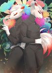  5_fingers anthro clothed clothed_eyes clothing duo eyelashes female fluffy fluffy_tail fur green_eyes grey_nose hair kane780302 mammal obscurer_background standing white_fur white_hair 