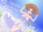 bare_shoulders blonde_hair blue_eyes braid breasts character_name cleavage dated dress field flower happy_birthday hat highres long_hair lynette_bishop medium_breasts oxchu smile solo strapless strapless_dress straw_hat strike_witches thighs white_dress world_witches_series 