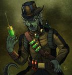  2013 anthro asterionblazing belt claws clothed clothing dragon ear_fins eyewear fin front_view goggles green_scales half-length_portrait hi_res horn looking_at_viewer male portrait scales scalie signature solo spikes steampunk syringe test_tube tharis utility_belt yellow_eyes 