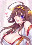  ;d ahoge armpit_peek bad_id bad_pixiv_id bare_shoulders blush breasts brown_hair cleavage collarbone commentary_request detached_sleeves double_bun hairband headgear heart japanese_clothes kantai_collection kongou_(kantai_collection) large_breasts long_hair looking_at_viewer nontraditional_miko one_eye_closed open_mouth purple_eyes sidelocks smile solo suzuneko_(yume_no_kyoukai) twitter_username upper_body 